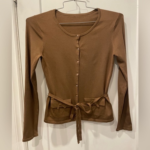 Source Unknown Tops - Silk Brown Button-Up Women's cardigan with tie waist